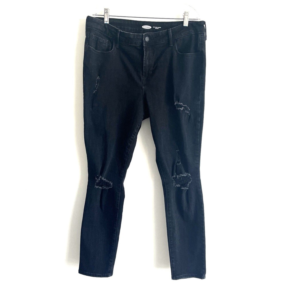 Old Navy Black Denim Jeans Distressed Mid-Rise Size 14